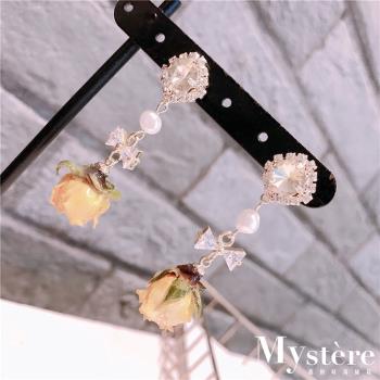 【my stere 我的時尚秘境】925銀針~韓版時尚黃鑽玫瑰花珍珠垂墜耳環