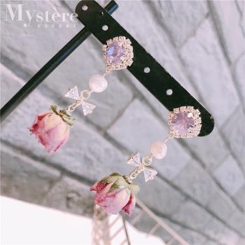 【my stere 我的時尚秘境】925銀針~韓國時尚紫鑽玫瑰花珍珠垂墜耳環