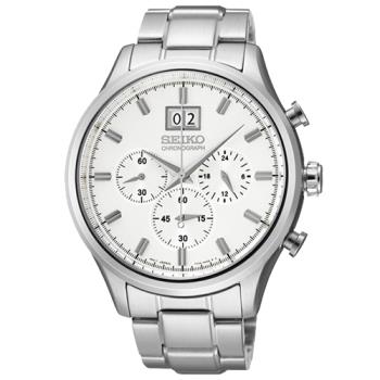 【SEIKO 精工】大錶徑三眼計時男錶 不鏽鋼錶帶 日期顯示 防水100米 白面(SPC079P1)