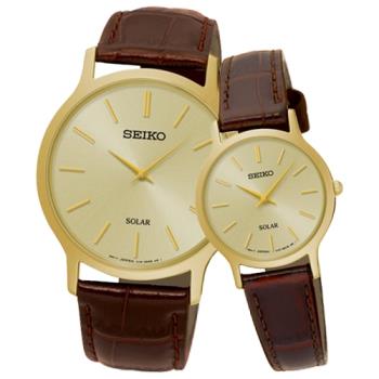 【SEIKO 精工】指針太陽能石英情侶對錶 皮革錶帶 金色錶面 生活日常防水(SUP302P1 + SUP870P1)