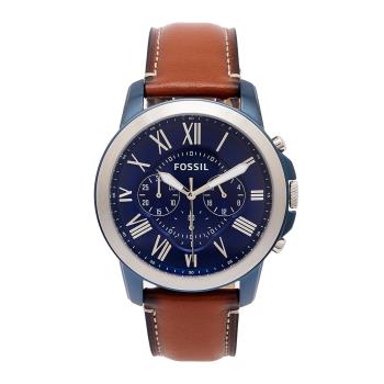 FOSSIL Grant 旗艦三眼計時腕錶-藍x棕/44mm(FS5151)