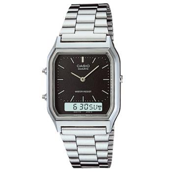【CASIO 卡西歐】銀色雙顯中性錶 不鏽鋼錶帶 生活防水 每日鬧鈴 碼表(AQ-230A-1D)