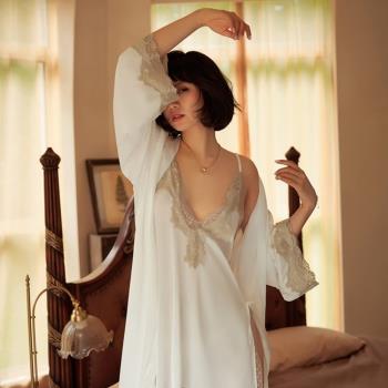 女人香 刺繡花邊絲綢綁帶睡袍浴袍居家服-4件式-雪白