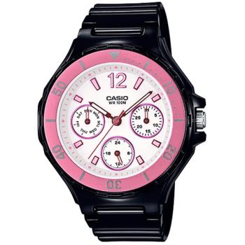 【CASIO 卡西歐】一般指針錶 橡膠錶帶 黑X粉 白面 防水100米 可旋轉式錶圈(LRW-250H-1A3)