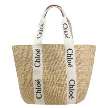 CHLOE Woody LOGO織帶草編大托特包.咖