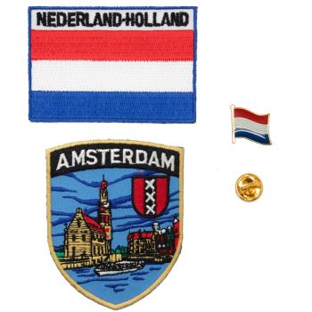 藝術燙布貼補丁 三件組阿姆斯特丹地標＋荷蘭國旗刺繡+國旗別針 刺繡肩章 軍章 裝飾布貼