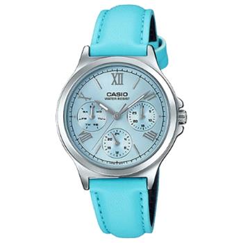 【CASIO 卡西歐】羅馬三眼指針女錶 皮革錶帶 天藍色 生活防水(LTP-V300L-2A3)