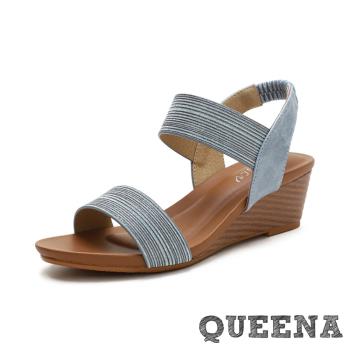 【QUEENA】 一字涼鞋楔型涼鞋/閃耀一字金屬亮皮時尚坡跟涼鞋藍