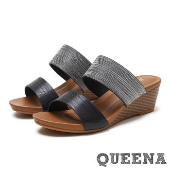 QUEENA 一字拖鞋坡跟拖鞋 百搭經典金屬亮皮一字坡跟拖鞋黑