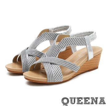 【QUEENA】 露趾涼鞋楔型涼鞋/波西米亞民族風個性線條露趾坡跟涼鞋 銀