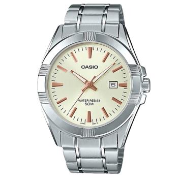 【CASIO 卡西歐】時尚石英男錶 指針錶 不鏽鋼錶帶 黃x玫瑰金 50米防水 礦物玻璃 (MTP-1308D-9A)