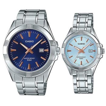 【CASIO 卡西歐】指針對錶 不鏽鋼錶帶 防水 礦物玻璃(MTP-1308D-2A + LTP-1308D-2A)
