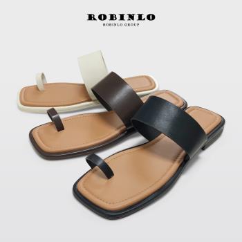 Robinlo寬版一字帶套趾平底涼拖鞋ANSTIS-黑色/米白色/咖啡色
