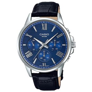 【CASIO 卡西歐】時尚三眼男錶 皮革錶帶 藍 防水50米 礦物玻璃鏡面(MTP-EX300L-2A)