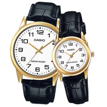 【CASIO 卡西歐 對錶系列】皮革錶帶 指針 復古情人對錶(MTP-V001GL-7B + LTP-V001GL-7B)
