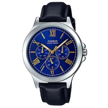 【CASIO 卡西歐】羅馬三眼指針男錶 皮革錶帶 普魯士藍 生活防水(MTP-V300L-2A)