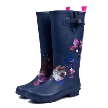 【Sp house】藏青花朵天然橡膠低跟女長筒雨靴(藍色)
