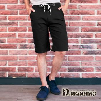 【Dreamming】極簡素面鬆緊抽繩休閒短褲 透氣 彈性(黑色)