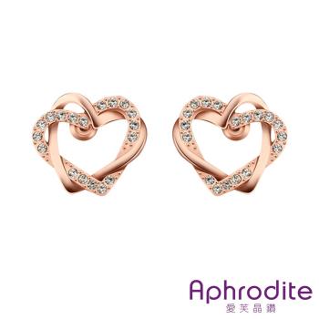 【Aphrodite 愛芙晶鑽】心心相印雙愛心造型水鑽耳環 (白鑽玫瑰金色)