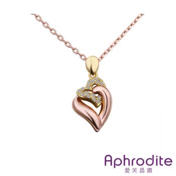 【Aphrodite 愛芙晶鑽】雙心滿鑽華麗造型水鑽項鍊(玫瑰金色)