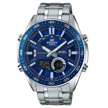【CASIO 卡西歐】EDIFICE 雙顯男錶 不鏽鋼錶帶 藍色錶面 防水100米(EFV-C100D-2A)