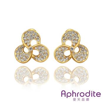 【Aphrodite 愛芙晶鑽】可愛小花抽象造型鑲鑽耳環(黃金色)