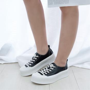 【WYPEX】休閒百搭真皮餅乾鞋 帆布鞋 懶人鞋 增高鞋 厚底鞋 - 黑色