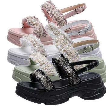 【Taroko】花與珍珠運動一字厚底涼鞋(4色可選)
