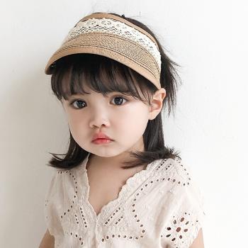 【Emi艾迷】可愛夏日蕾絲兒童草帽空頂遮陽帽 2-7歲配戴 (送防疫擋板)