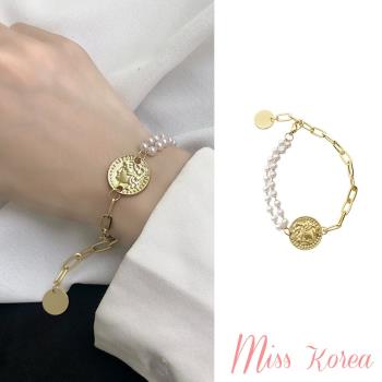【MISS KOREA】韓國設計復古頭像珍珠金屬鍊不對稱拼接手鍊
