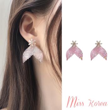 【MISS KOREA】韓國設計S925銀針兩戴法魚尾水晶花朵耳環