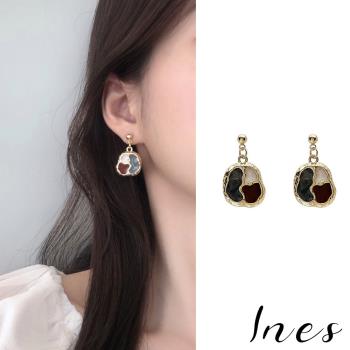 【INES】韓國設計S925銀針法式復古三色滴釉氣質耳環
