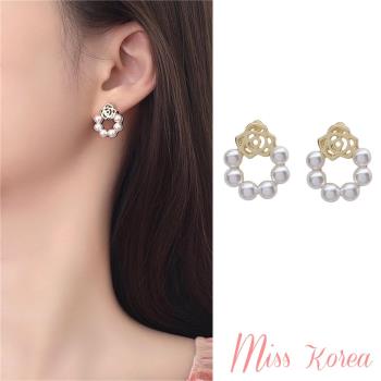 【MISS KOREA】韓國設計S925銀針法式優雅縷空玫瑰珍珠耳環