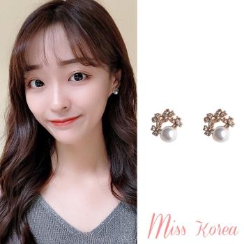 【MISS KOREA】韓國設計S925銀針美鑽十字花環氣質珍珠耳環 (2色任選)