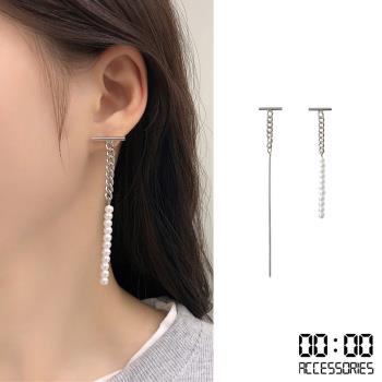 【00:00】韓國設計S925銀針瘦臉效果不對稱長鍊珍珠耳環