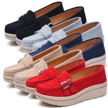 【Taroko】韓系皮帶淺口絨麂皮真牛皮增高鬆糕鞋(5色可選)