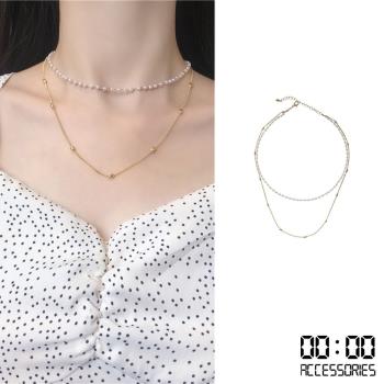 【00:00】韓國設計雙層珍珠金屬質地拼接項鍊