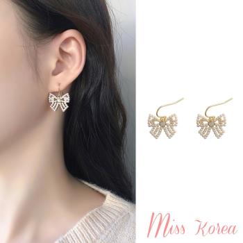 【MISS KOREA】韓國設計甜美珍珠蝴蝶結鑲鑽造型耳環