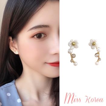 【MISS KOREA】韓國設計S925銀針優雅貝殼花朵氣質珍珠枝枒造型耳環