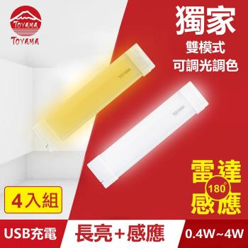 TOYAMA特亞馬TS3磁吸USB充電可調光雙模式長亮＋感應LED燈0.4W~4W 4入組 雙模式(長亮照明、感應照明)