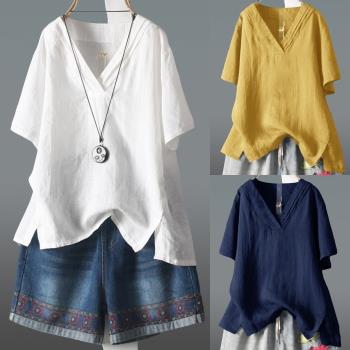麗莎熊 LisaBear Ｖ領棉麻折線簡約修飾下擺舒適全素面上衣Ｔ恤 M~5XL 多色可選