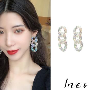 【INES】韓國設計S925銀針幻彩透明鍊條造型耳環