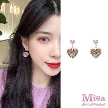 【MISA】韓國設計S925銀針可愛愛心彩色亮片造型耳環