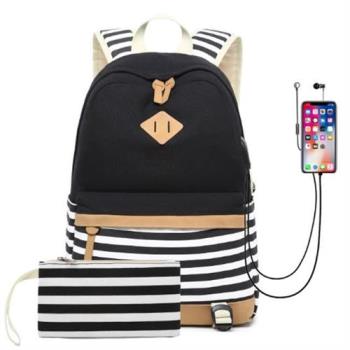 【Jpqueen】雙條紋帆布USB孔後肩雙肩背包零錢包2件組(5色可選)