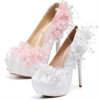 【JP Queen New York】花漾仙女公主風蕾絲珍珠防水台高跟鞋(2色可選)