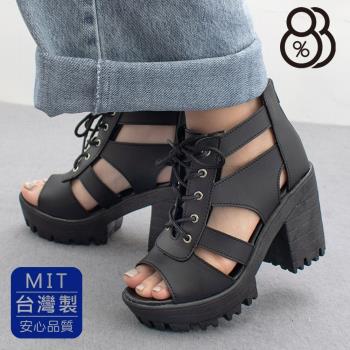 【88%】MIT台灣製 前3.5後9cm涼鞋 率性百搭馬甲綁帶 皮革露趾後拉鍊粗跟涼拖鞋