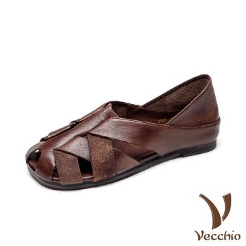 【Vecchio】真皮拖鞋低跟拖鞋 /全真皮兩穿法翻摺縷空線條軟底低跟涼拖鞋 棕