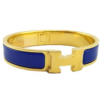 HERMES 寶藍色琺瑯經典金色H釦窄版手環