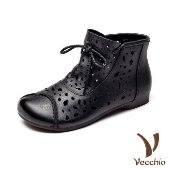【Vecchio】真皮短靴低跟短靴/全真皮頭層牛皮手工縫線幾何縷空蝴蝶結造型低跟短靴 黑