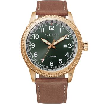 CITIZEN 星辰 光動能復古風紳士手錶-玫瑰金x綠(BM7483-15X)